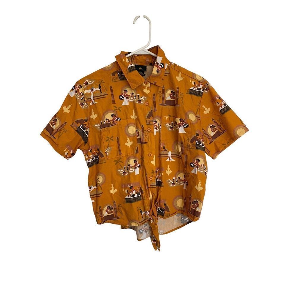 Disney Princess & the Frog Tie Front Shirt Blouse S Mustard Yellow Button Front